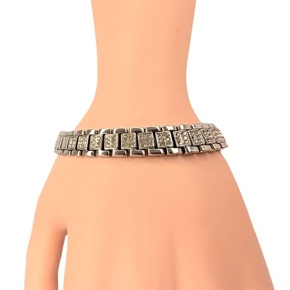 Silver Tone Rhinestone Watch Link Bracelet 7" Shimmering Trendy 90s - Picture 10 of 14